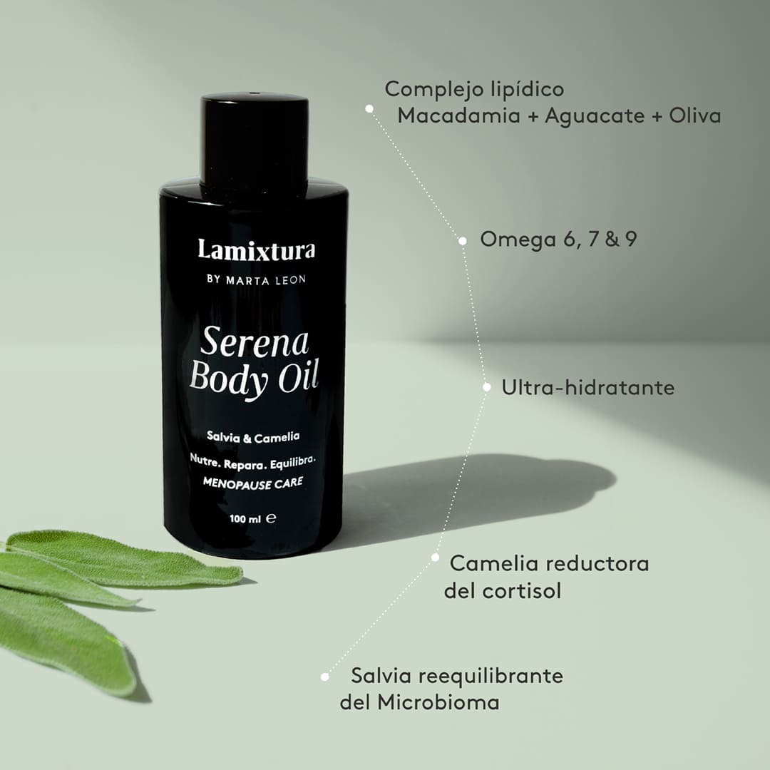 - Complejo Lipídico con Macadamia, Aguacate y Oliva.
- Omega 6, 7 y 9
- Ultra-hidratante
- Camelia reductoria del cortisol
- Salvia reequilibrante del microbioma