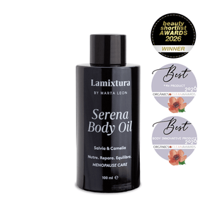 Aceite corporal formulado para la menopausia
Ganador de los premios Beauty Shortlist Awards 2026
Premio a Best +40 Product por Organics Clean Awards 2026
Premio a Best Body Innovative Product por Organics Clean Awards 2026
