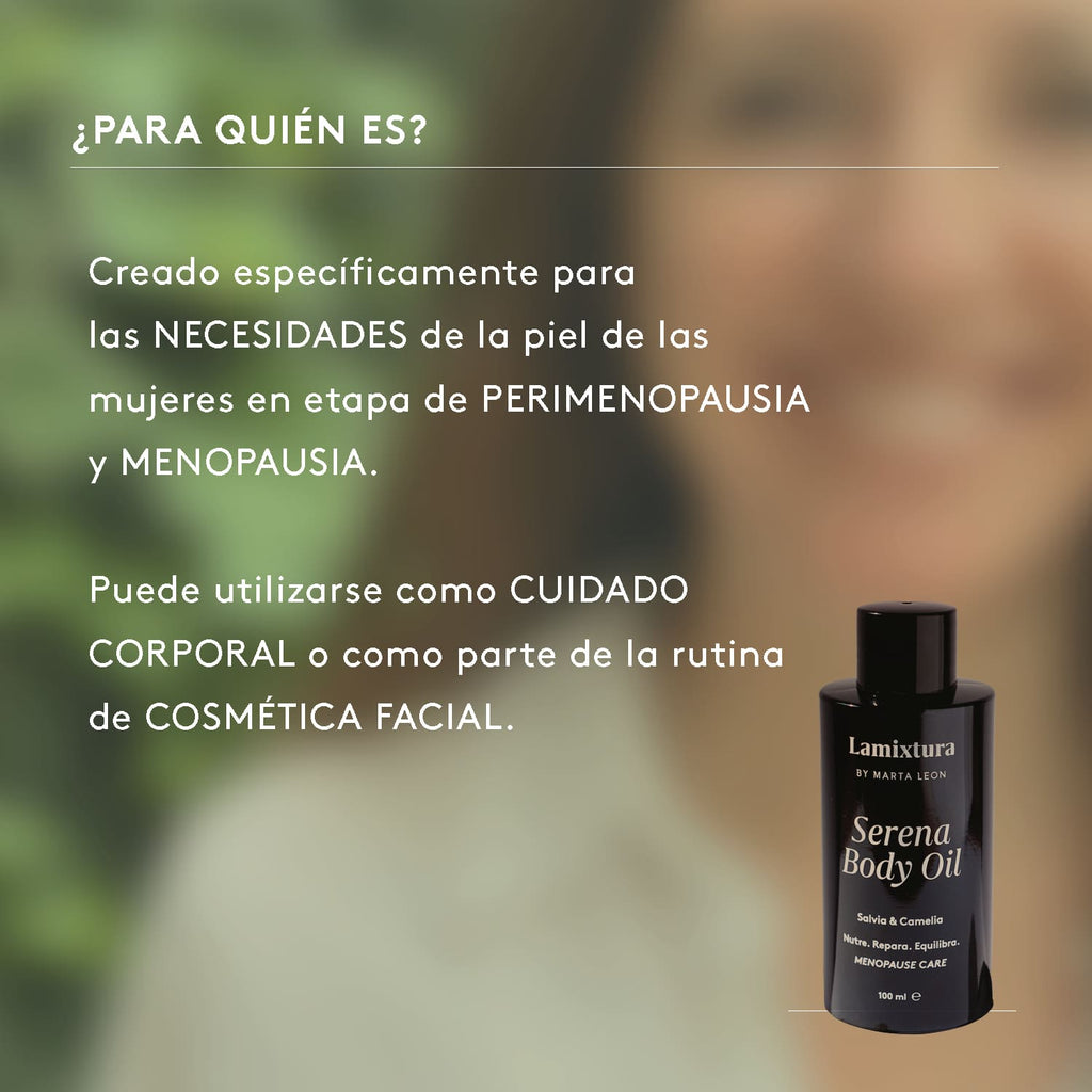 Creado específicamente para las necesidades de la piel de las mujeres en etapa de perimenopausia y menopausia.
Puede utilizarse como cuidado corporal o como parte de la rutina de cosmética facial.